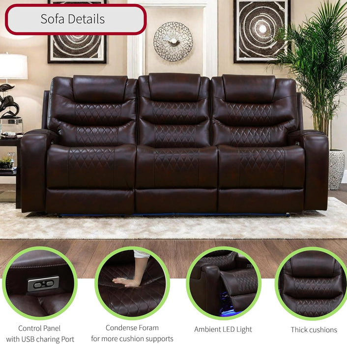 Living Room Furniture Set, Power Reclining Sofa Set, Air Leather Recliners with Built-In USB Ports and Storage Console, LED Reclining Couch Set for Living Room (Wine, Sofa Loveseat Chair)