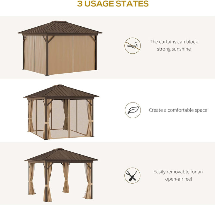 10' X 12' Hardtop Gazebo Canopy with Galvanized Steel Roof, Aluminum Frame, Permanent Pavilion with Top Hook, Netting and Curtains for Patio, Garden, Backyard, Deck, Lawn, Brown