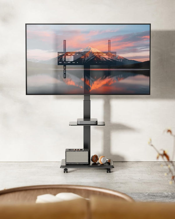 Steel Base Rolling TV Stand for 32-75 Inch Tvs up to 110 Lbs, Leveling & Tilt & Swivel Mobile TV Stand with Hidden Wire Management, Height Adjustable Portable Tv Stand with Steel Shelf, Black