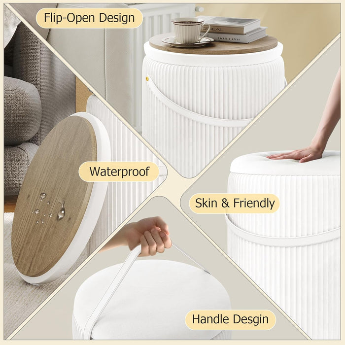 Ottoman with Storage Set of 3, round Storage Ottoman with Handle, Velvet Vanity Stool for Dorm & Bedroom, Upholstered Foot Stool for Living Room, Multifunctional Ottomans Coffee Table, White