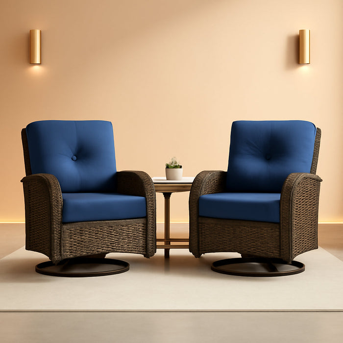 Patio Wicker Chairs Swivel Rocker Outdoor Swivel Rocking Chairs Set of 2 with Rattan Side Table Swivel Glider Chair 3 Piece Patio Furniture Sets for Patio Porch Pool Brown/Blue, (A085-1)
