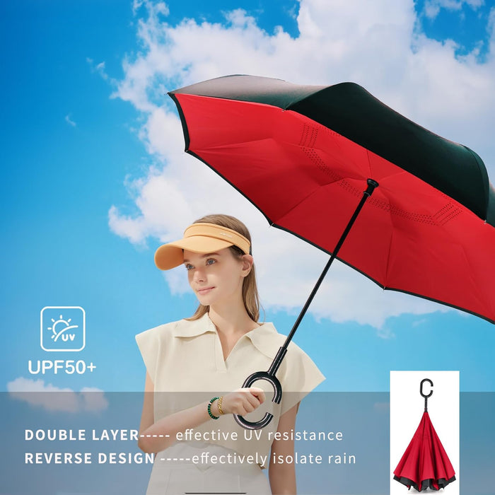 49/56 Inch Inverted Reverse Upside down Umbrella, Extra Large Double Canopy Vented Windproof Waterproof Stick Golf Umbrellas with C-Shape Handle.