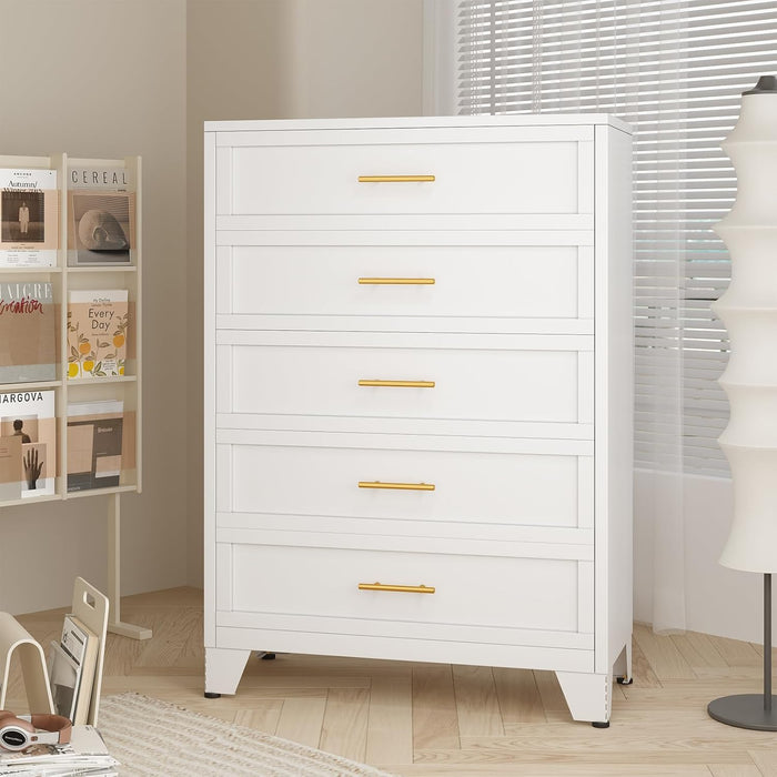 BrightWhite Tall Dresser 5 Drawer Chest 53.54Inches