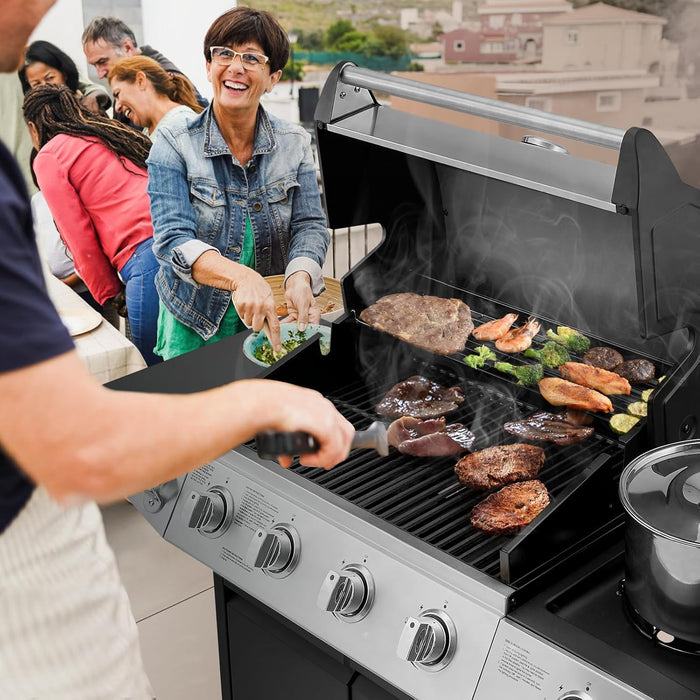 4 Burners Gas Grill with Side Burner, Propane Grill with Wheels and Storage, Outdoor Gas BBQ with Oil Tray and Thermometer for Patio and Party, 49200 BTU