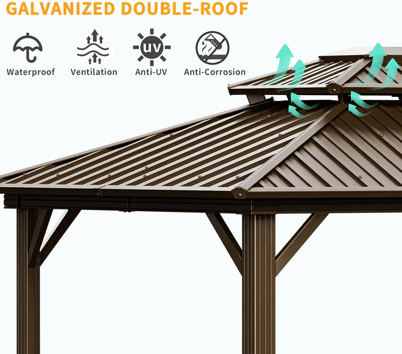 10X12 Hardtop Gazebo on Clearance with Heavy Duty Galvanized Steel,Outdoor Patio Gazebo with Aluminum Frame & Curtains and Netting, Permanent Pavillon for Backyard, Brown (2026 Upgraded)