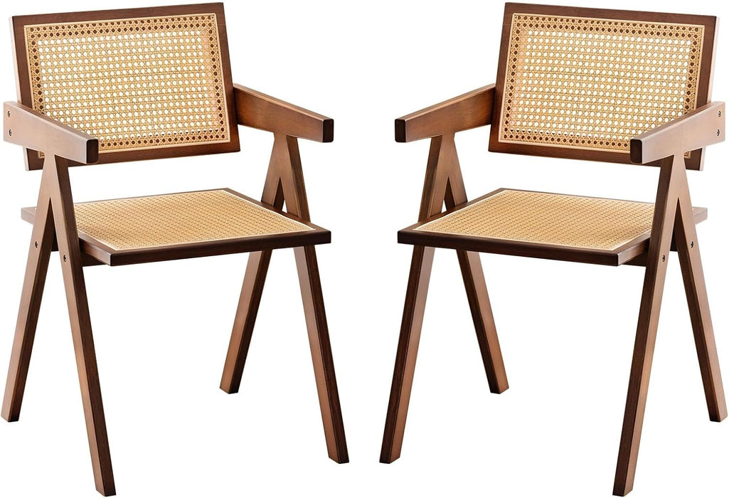 Rattan Accent Chairs, Modern Mid Century Dining Chairs Set of 2, Comfy Armchairs, Outdoor Rattan Chairs with Armrest for Bedroom Living Room Reading Room Dining Kitchen, Brown