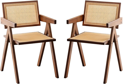 Rattan Accent Chairs, Modern Mid Century Dining Chairs Set of 2, Comfy Armchairs, Outdoor Rattan Chairs with Armrest for Bedroom Living Room Reading Room Dining Kitchen, Brown