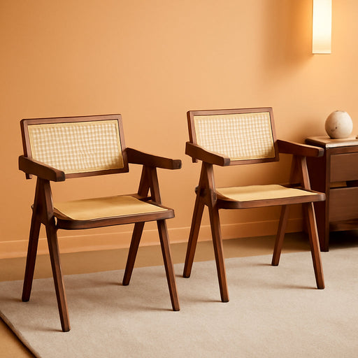 Rattan Accent Chairs, Modern Mid Century Dining Chairs Set of 2, Comfy Armchairs, Outdoor Rattan Chairs with Armrest for Bedroom Living Room Reading Room Dining Kitchen, Brown