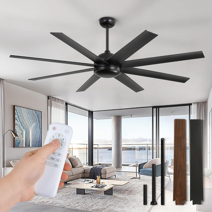 65 Inch Ceiling Fans No Light with Remote, Black Indoor/Outdoor Ceiling Fan without Light with Quiet Reversible DC Motor, 6 Speeds, 8 Blades Large Ceiling Fan for Living Room Bedroom Patio