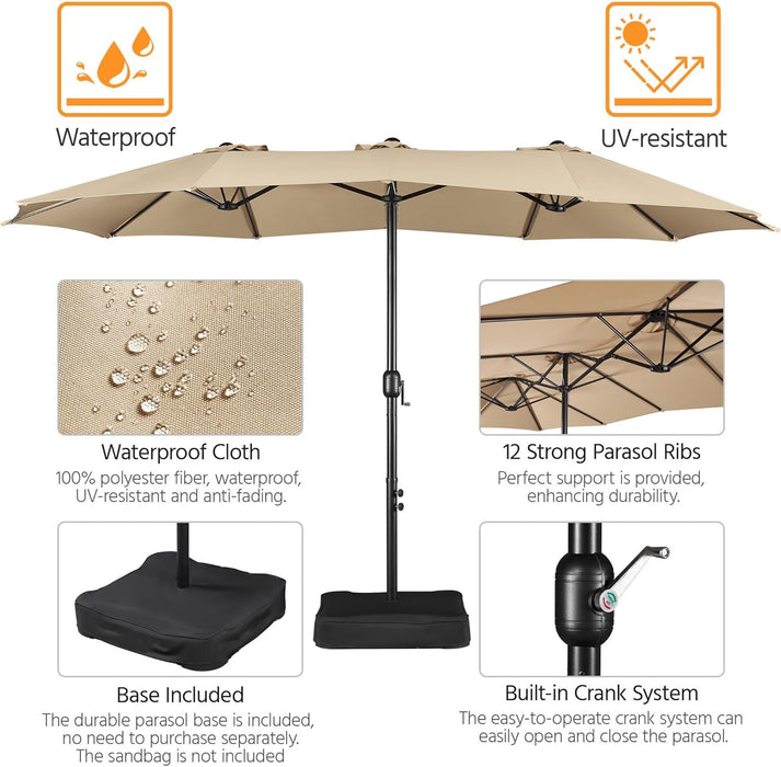 13 Ft Triple-Size Patio Umbrella W/Base Included - Market Extra-Large Double Sided Umbrella - Twin-Size Patio Parasol W/Easy Crank & 12 Strong Ribs & Ventilation Openings, Tan