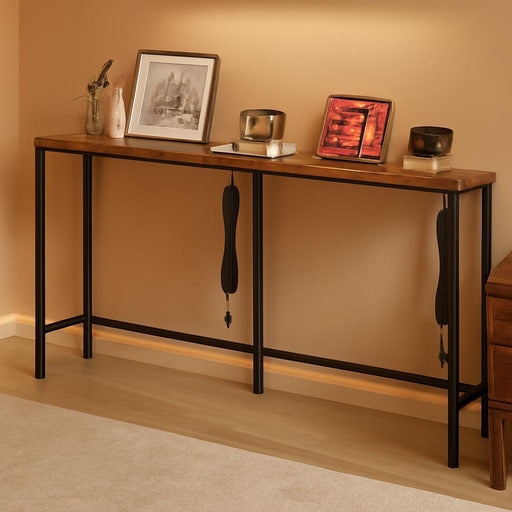 90" Sofa Table with Built-In Power Strip (4 AC Outlets & 4 USB Ports) – 4.9Ft Power Cord, Metal Frame, Easy Assembly, Long Couch Table behind Sofa, Living Room and Home Office | Rustic Brown