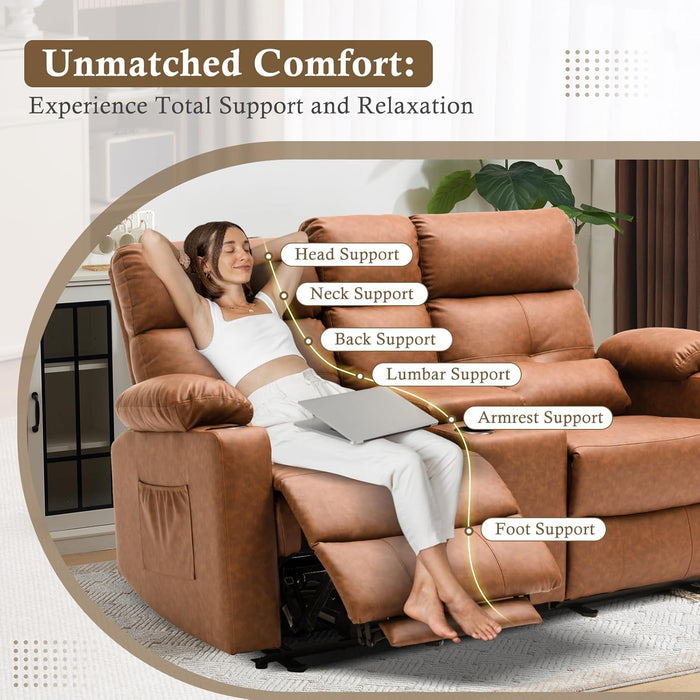 Power Loveseat Recliner Sofa with Console, Loveseat Reclining Sofa with Heat & Massage, Home Theater Seating with Lumbar Pillow for Living Room, RV Recliner Loveseat(Pu, Yellowish Brown)
