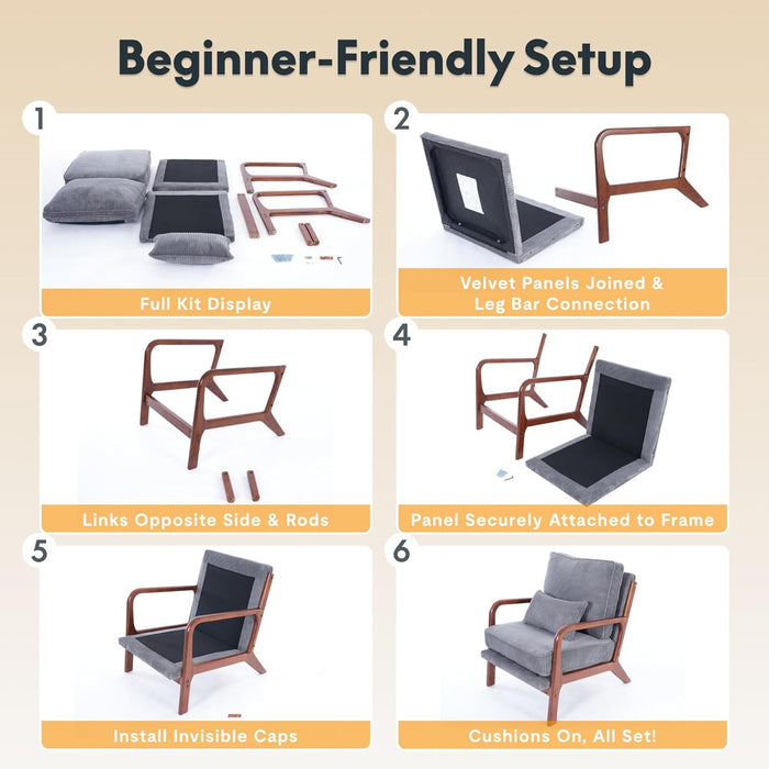 AC1 Accent Chair, Mid-Century Modern Armchair with Wood Frame, Comfy Corduroy Upholstered Reading Chair with Lumbar Pillow, 8" Thick Cushion for Living Room Bedroom Sunroom(Grey)