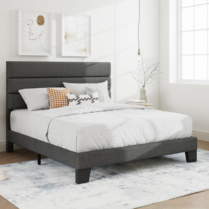 Full Platform Bed Frame with Upholstered Fabric Headboard, Mattress Foundation with Strong Wooden Slats Support, No Box Spring Needed, Grey