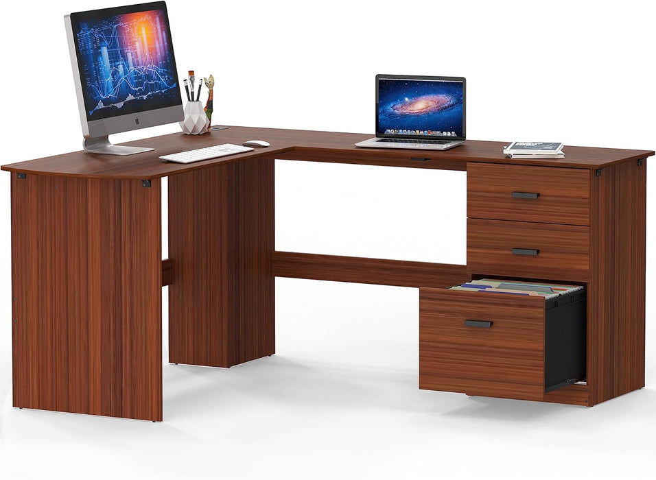51 X 59 Inches L-Shaped Home Office Wood Corner Desk with Box Box File Drawers, Walnut