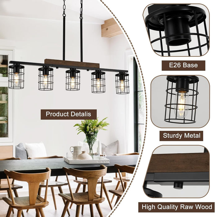 Dining Room Light Fixture/Chandelier over Table, 36.2-Inch Hanging for Farmhouse Linear Chandeliers,5-Light Kitchen Island Lighting, Black Rustic Wooden Ceiling Chandelier,With Metal Lampshade