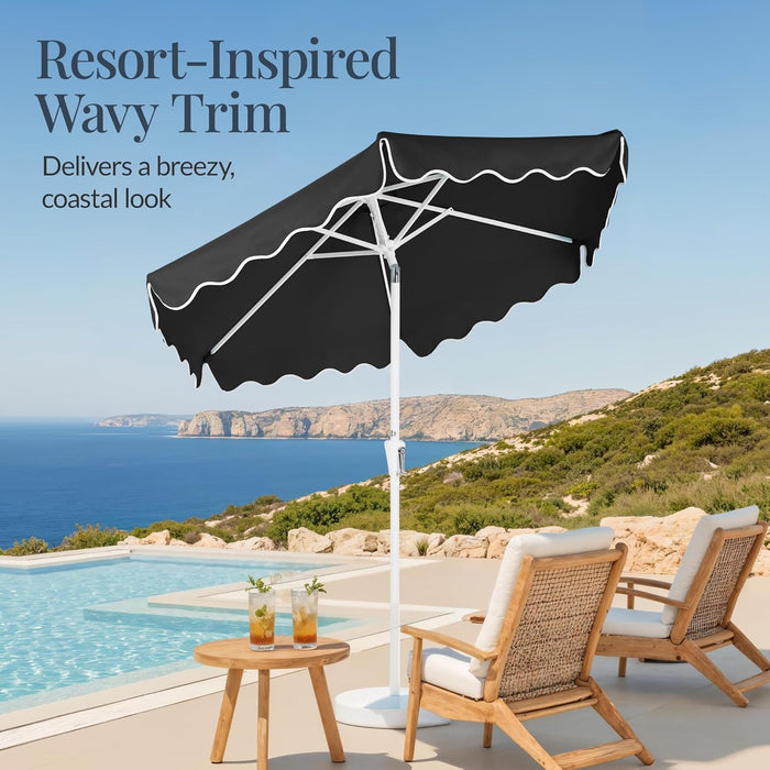 7.5Ft Patio Market Umbrella with Wavy Trim, Uv-Fade-Resistant 210G Canopy, Crank & Tilt, Wind Vent, Heavy-Duty Frame - Black