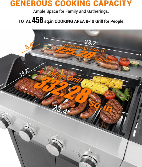 4-Burner Propane Gas BBQ Grill with Side Burner, 46,500 BTU Output Stainless Steel Barbecue Grill with Enameled Cast Iron Grates and Side Tables for Outdoor Cooking Kitchen and Patio Backyard