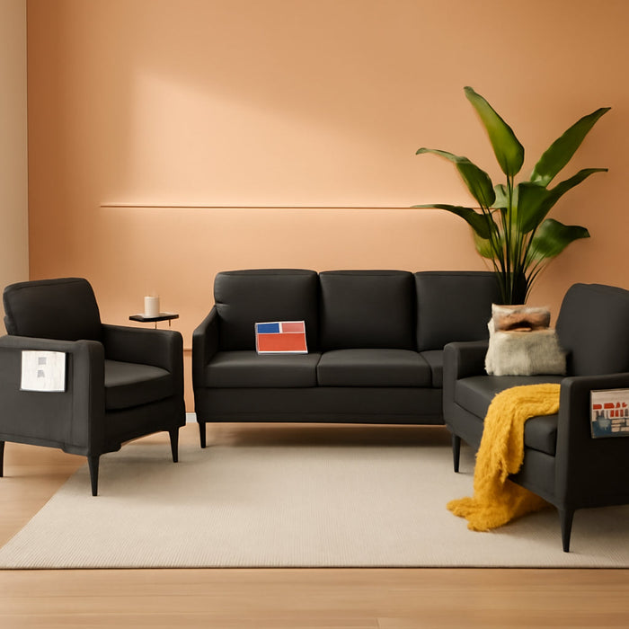 3 Piece Living Room Furniture Sets, 3 Seat Couch and Loveseat with 2 USB, Single Sofa Accent Chair, Modern Small Couches for Small Spaces, Bedroom (Dark Grey)