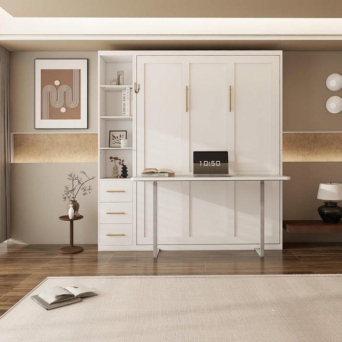 White Queen Murphy Cabinet Bed With DeskStorageSolutions