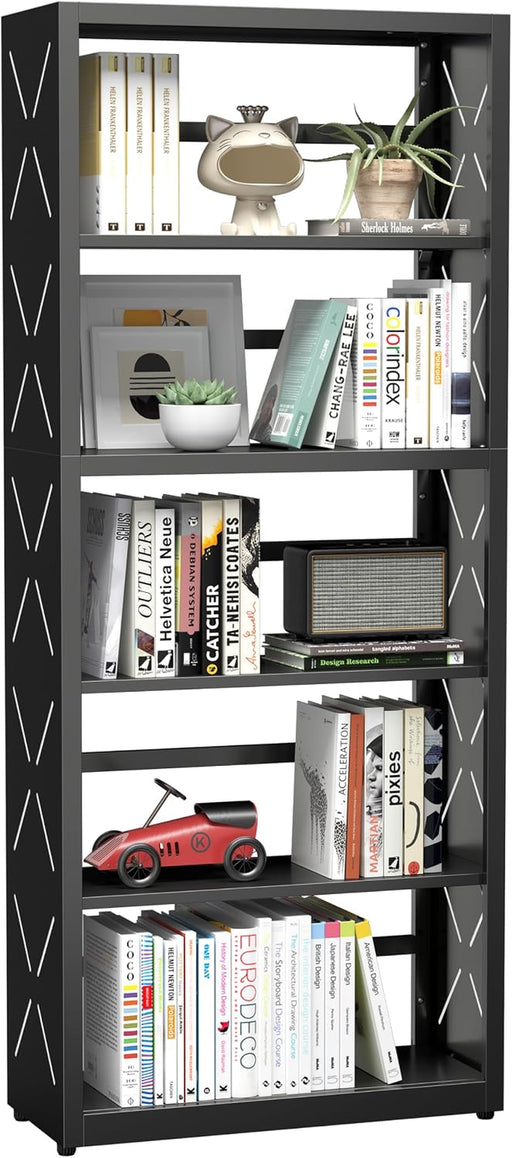 5 Tier Bookshelf, 55"Metal Display Book Shelf, Adjustable Bookcase | Black Bookshelf, Modern Utility Shelf, Tall Storage Shelves, Open Book Case for Office, Living Room, Kitchen, Study Room-23"W