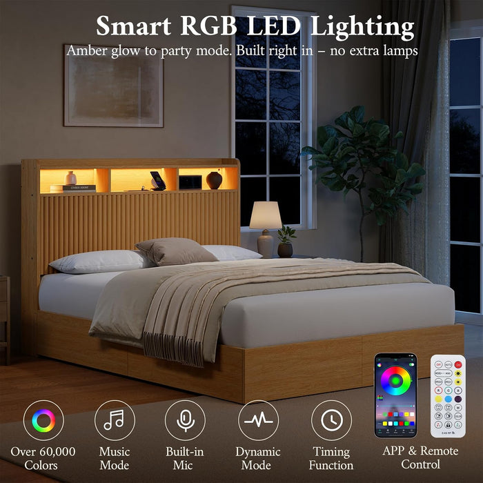 Full Size Bed Frame with Headboard and Storage Drawers, Full Platform Bed Frame with LED Lights and Charging Station, Fluted Wood Grain Design, No Box Spring Needed, Oak