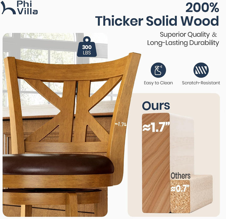 26 Inch Swivel Bar Stools Set of 2, Counter Height Bar Stools | Wooden Bar Stools, Faux Leather Kitchen Stools, Counter Height Chairs with Solid Wood Legs & Wrap-Around Footrest