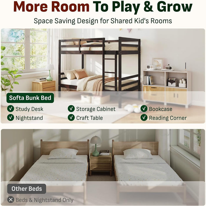 Twin over Twin Bunk Bed for Kids, Solid Wood Bunk Bed Frame with 13" High Guardrails and Ladder, 400 Lbs Capacity Total, 11.9" Under-Bed Storage, No Box Spring Needed, Black