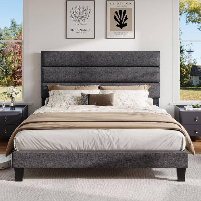Queen Size Bed Frame with Linen Upholstered Headboard, Modern Platform Bed with Wooden Slats Support, Noise-Free, No Box Spring Needed, Easy Assembly, Grey
