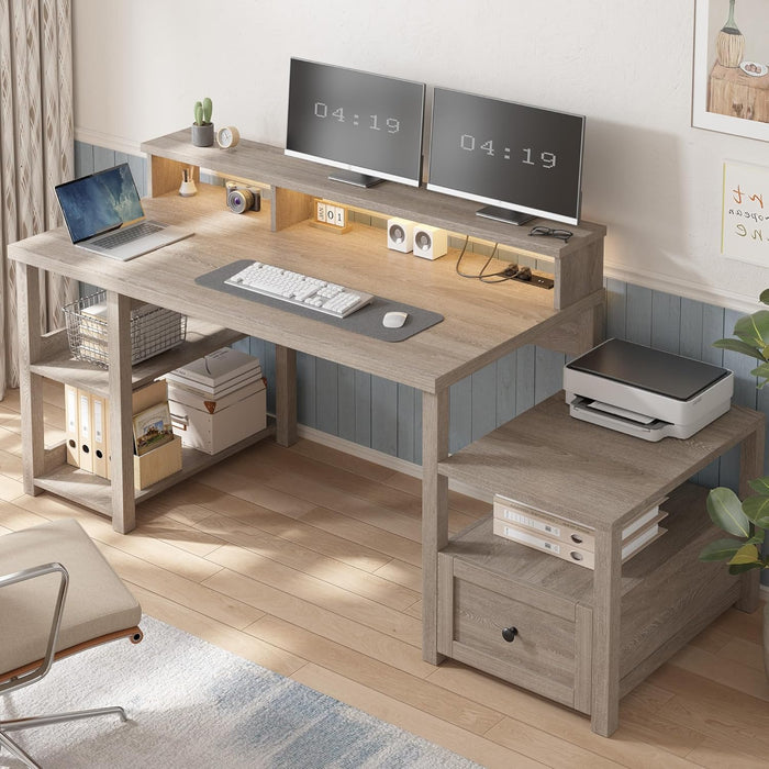 Ash Gray 60.4Inch Computer Desk Multifunctional Storage