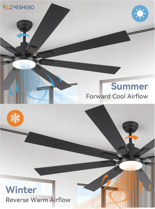 72 Inch Large Ceiling Fans with Lights and Remote, Indoor/Outdoor Black Modern Ceiling Fan for Kitchen Living Room Patio, 6 Speed Reversible Quiet DC Motor, 3 CCT, Dual Finish 8 Blades