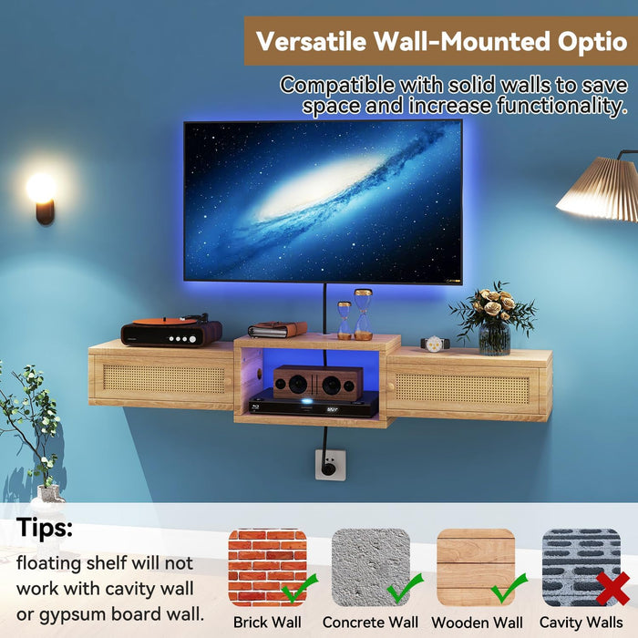 Modern Rattan Floating TV Stand with Doors,Wall Mounted TV Shelf for Tvs up to 55 Inches,Media Console Entertainment Center for under TV Storage Cabinet for Living Room Bedroom,Natural UWST012N