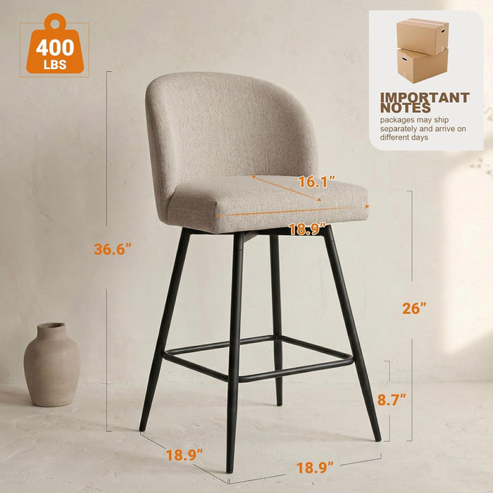 Counter Height Bar Stools Set of 2, 360° Swivel Upholstered Barstools with Backs and Metal Legs, 26" H Seat Height, Linen Fabric in Redish Sand