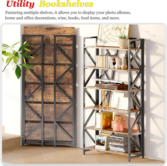 No Assembly Folding Bookshelf, 61.9" H X 23.6" W, 6 Tier Foldable Book Shelf Industrial Bookcase, Vintage Collapsible Storage Shelves for Home Office Living Room Bedroom, Rustic Brown Black