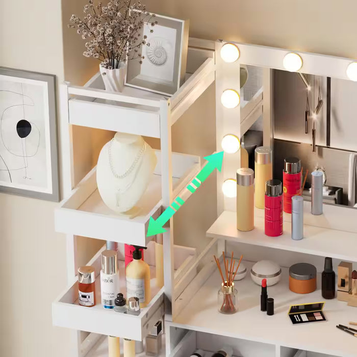 White Makeup Vanity Set with LED Lighted Mirror and Power Outlet, 6-Drawers and 3 Storage Movable Shelves