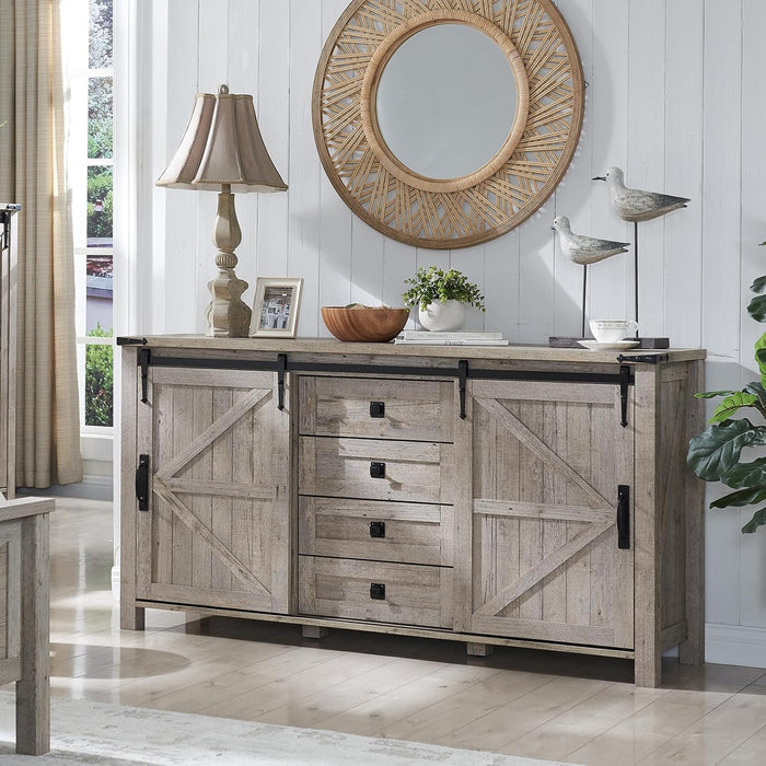 60" Wide Farmhouse Sideboard Buffet Cabinet, Light Rustic Oak
