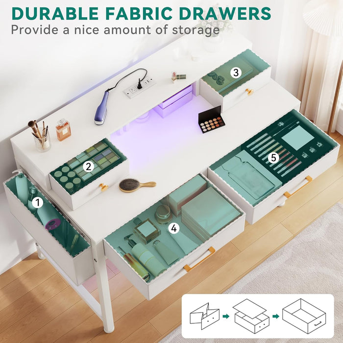 Vanity Desk with Lighted Strip & Charging Station, Makeup Table with 4 Drawers and Padded Stool, Mirror Not Included