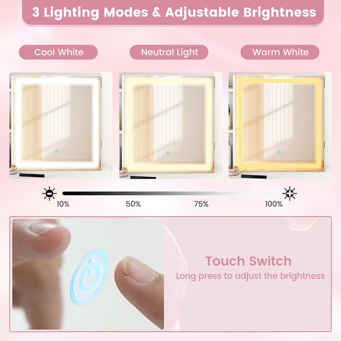 38" Vanity Desk with Lighted Sliding Mirror, Adjustable LED Lighting, Hidden Storage, 4 Drawers & 3 Shelves, Cushioned Stool, Modern Makeup Vanity Dressing Table Set for Bedroom, White