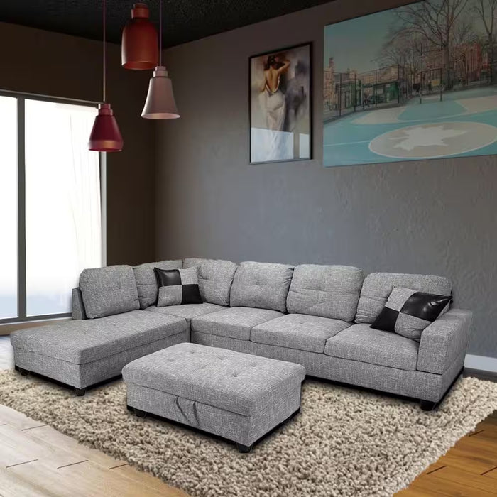 112 In. Square Arm 3-Piece Linen L-Shaped Sectional Sofa in Light Gray