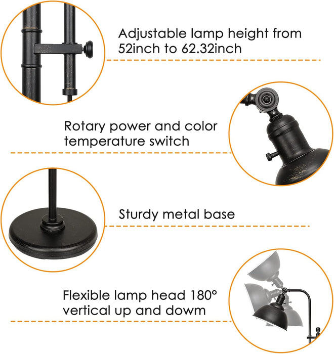 Industrial Floor Lamp, Aged Bronze Rustic Standing Lamp with 3 Color Temperatures, Adjustable Height & Head Farmhouse Reading Lamp for Living Room Bedroom Office