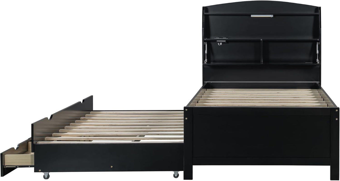 Twin Size Wooden Platform Bed with Trundle & LED Storage Headboard - 3 Drawers, Wood Twin Captain Bed with USB Outlets and Hidden Flip-Up Compartment for Kids Teens Boys Girls (Espresso)