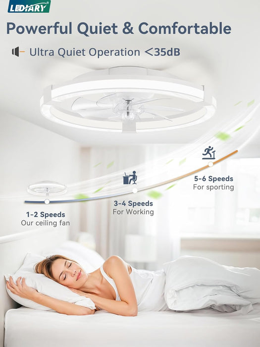 Ceiling Fans with Lights, 20 Inch Low Profile Ceiling Fan with Remote, 6 Speeds, Reversible, Dimmable Flush Mount Fan Light, Modern Fandelier Ceiling Fan with Lights for Bedroom, White