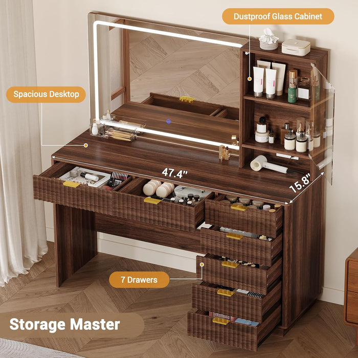 Fluted Vanity Desk with Large 32.7" Mirror and Lights, 47.4" Makeup Vanity with 7 Drawers & Glass Cabinet, Vanity Table with Charging Station & Storage Shelves, Brown