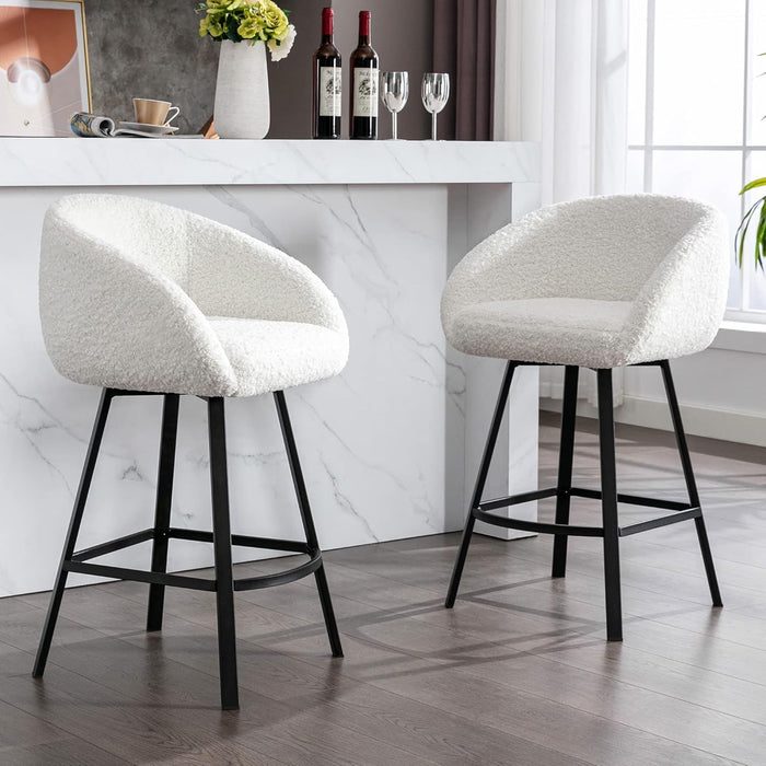 26'' Swivel Counter Stools, Modern Bar Stools for Kitchen Counter, White Sherpa Kitchen Counter Stools, Upholstered Barstools with Backs, Counter Height Stool Chairs with Metal Legs