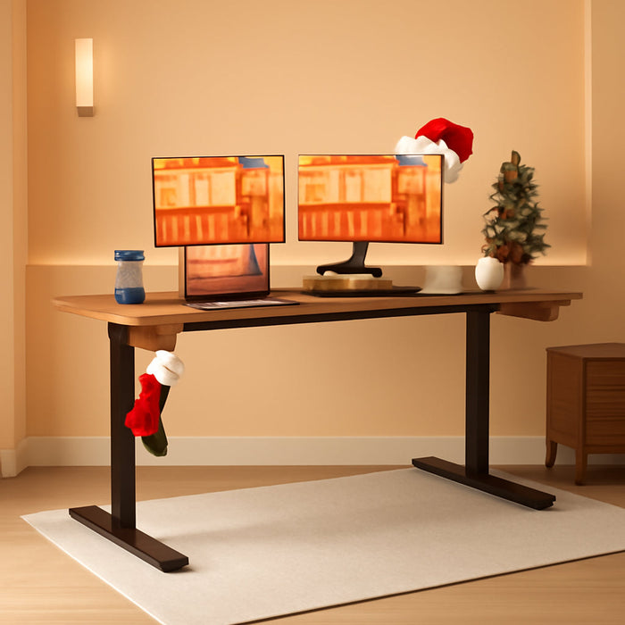 Electric Standing Desk Adjustable Height, 55 X 24 Inch Sit Stand up Desk with Large Mouse Pad, Double Metal Hook,4 Wheels,4 Memory Preset Heights Home Office Computer Desk（Brown）