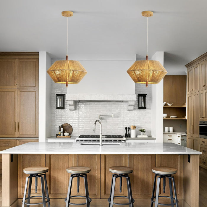 Modern Farmhouse Boho Chandelier,3-Light Chandeliers for Dining Room Light Fixture,Adjustable Rustic Pendant Light Hanging Fixture for Kitchen Island Foyer Entryway,Handwoven Cotton Rope Shade