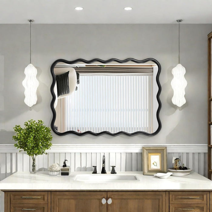 28X40 Inch Wavy Wood Mirror for Wall, Black Solid Wood Frame