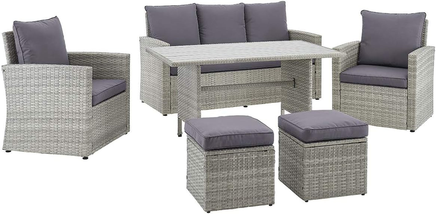 6 Pieces Patio Dining Sets Outdoor Space Saving Rattan Chairs with Table Patio Furniture Sets Cushioned Seating and Back Sectional Conversation Set (Grey)