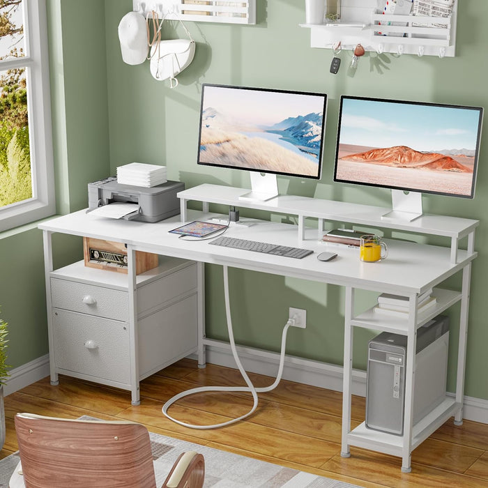 White Gaming Desk with LED Lights & Drawers