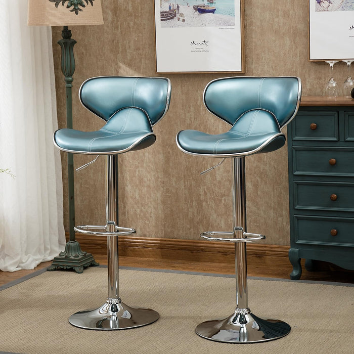 Masaccio Cushioned Leatherette Upholstery Airlift Adjustable Swivel Barstool with Chrome Base, Set of 2, Blue